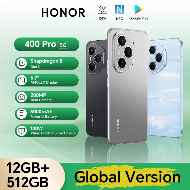 2025 New HONOR 400 Pro Global Version 5G Smartphone 200MP Camera Snapdragon 8 Gen 3 6.7'' AMOLED Screen 100W Wired 50W Wireless