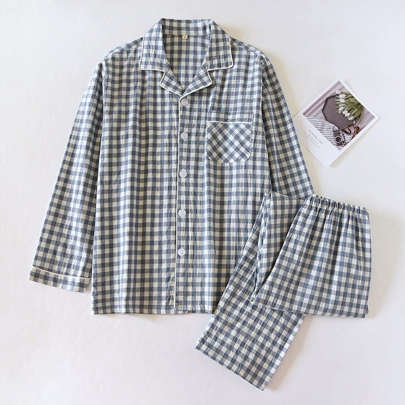 2025 Neues japanisches Frühlings- und Herbst-Paar-Pyjama-Set aus 100 % Baumwolle, kariertes Langarm-Zweiteiler für Herren und Damen