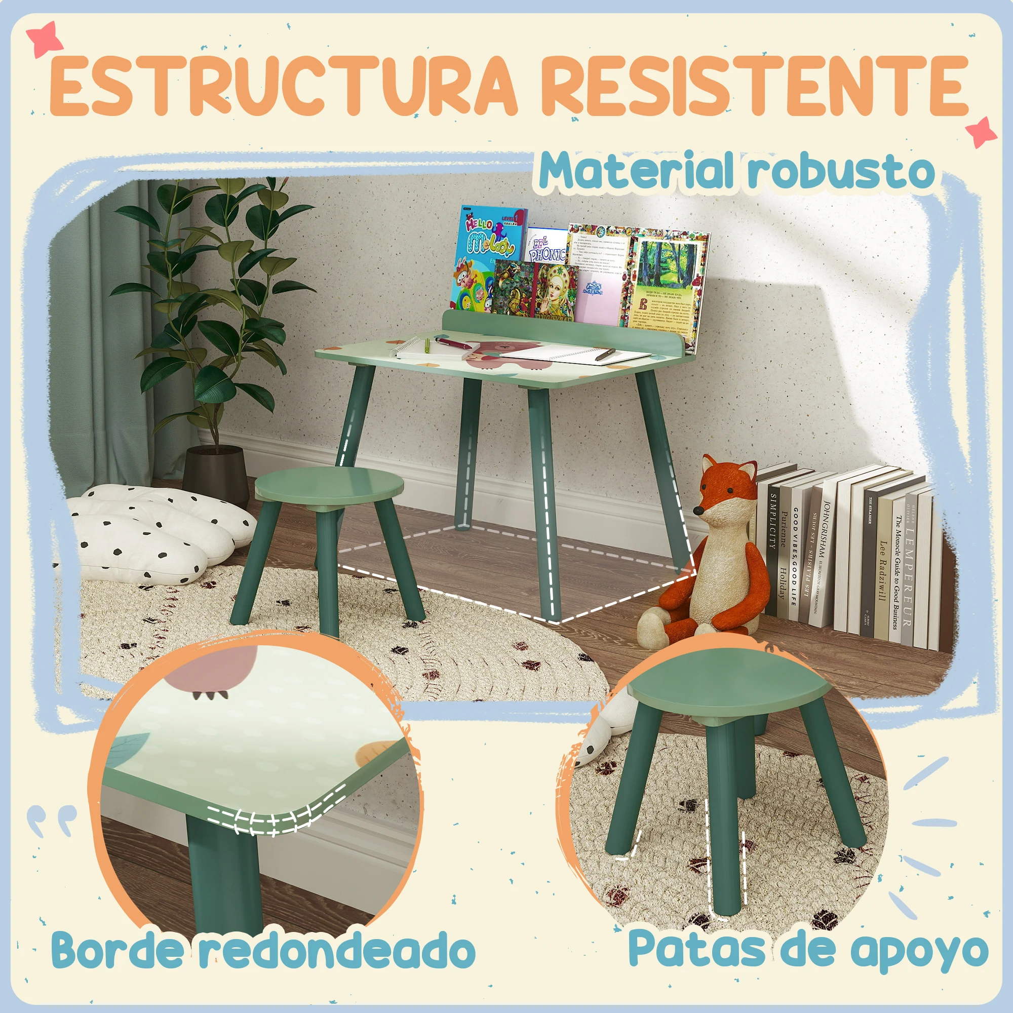 Tavolo e sedia per bambini Aiyaplay in 2 pezzi con libreria verde