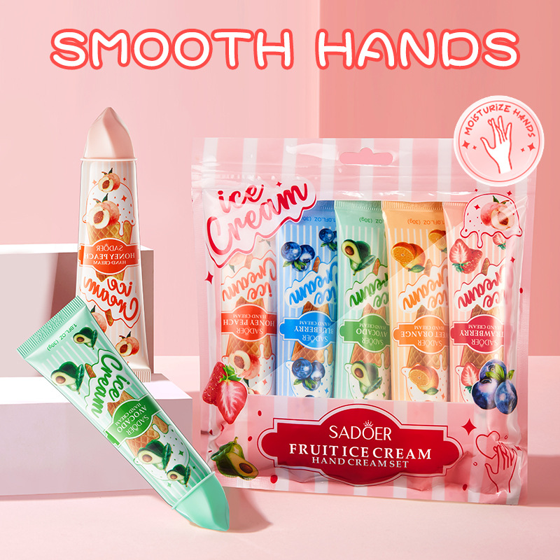 5 teile/satz SADOER Obst Eis Hand Creme Feuchtigkeitsspendende Pflegende Aufhellung Feuchtigkeitsspendende Hand Cremes Hände Hautpflege Produkte
