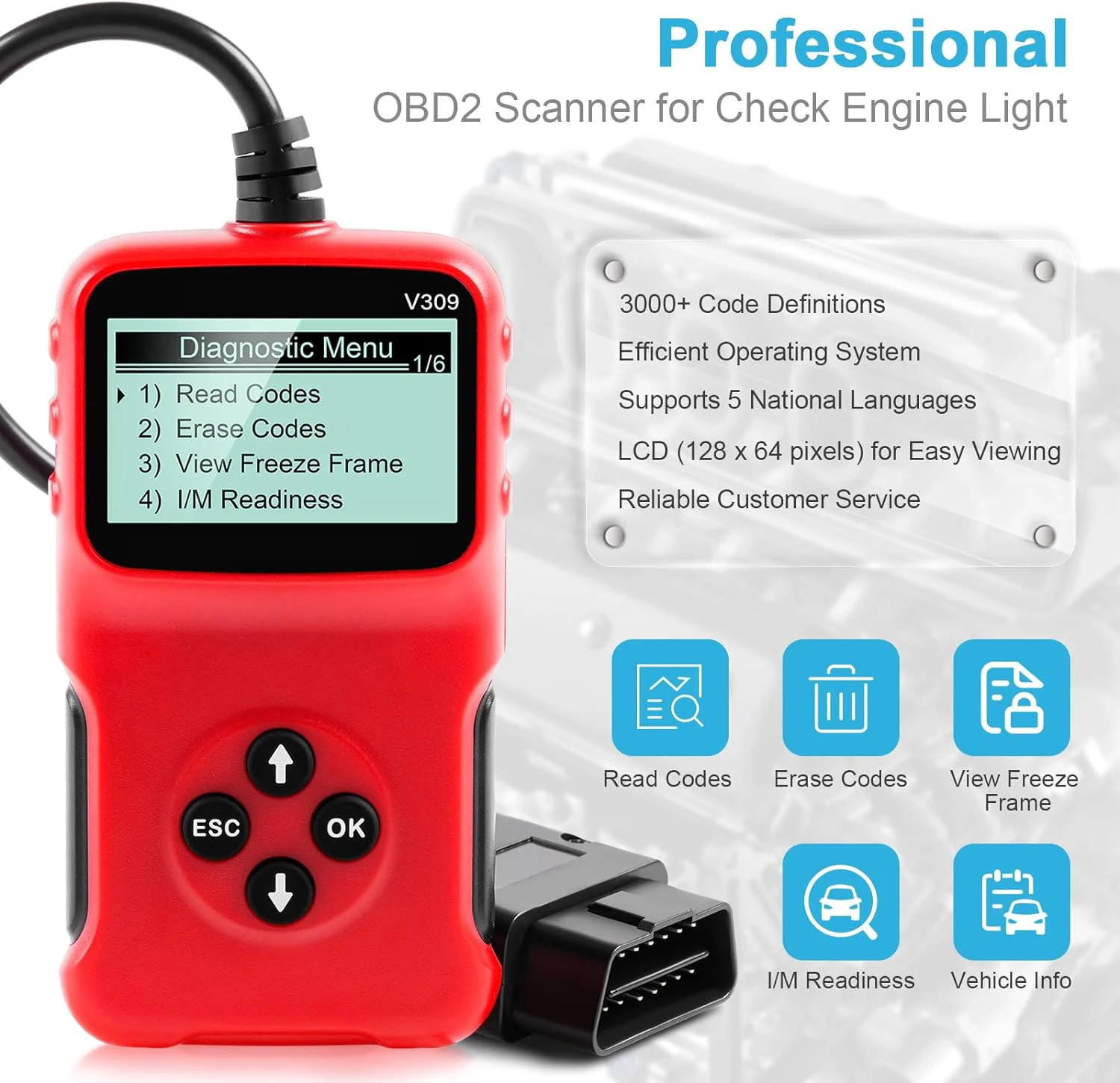 V309 obd2 scanner diagnóstico automotivo troubleshooter leitor de código de problemas do motor automotivo obd2 verificar luzes do motor