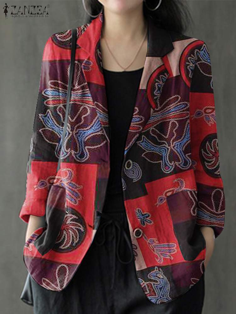 ファッション秋コート ZANZEA 女性カジュアル長袖プリント生き抜く薄いブレザー春夏綿シャツエレガントなワークブラウス