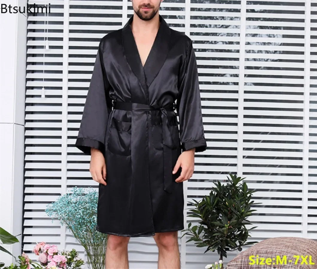 2025 ชายฤดูร้อนบางชุดนอน Robes ผู้ชาย Homewear แขนยาวเสื้อคลุมอาบน้ํากิโมโนผ้าไหมสีดําซาตินชุดนอนชาย Lounge ชุดนอน