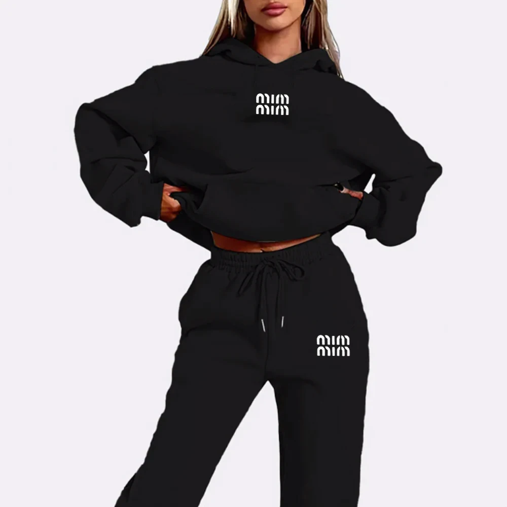 Mm impresso feminino conjunto de treino de duas peças moda jogging moletom terno com cordão capuz esportivo qualidade fitness outfi