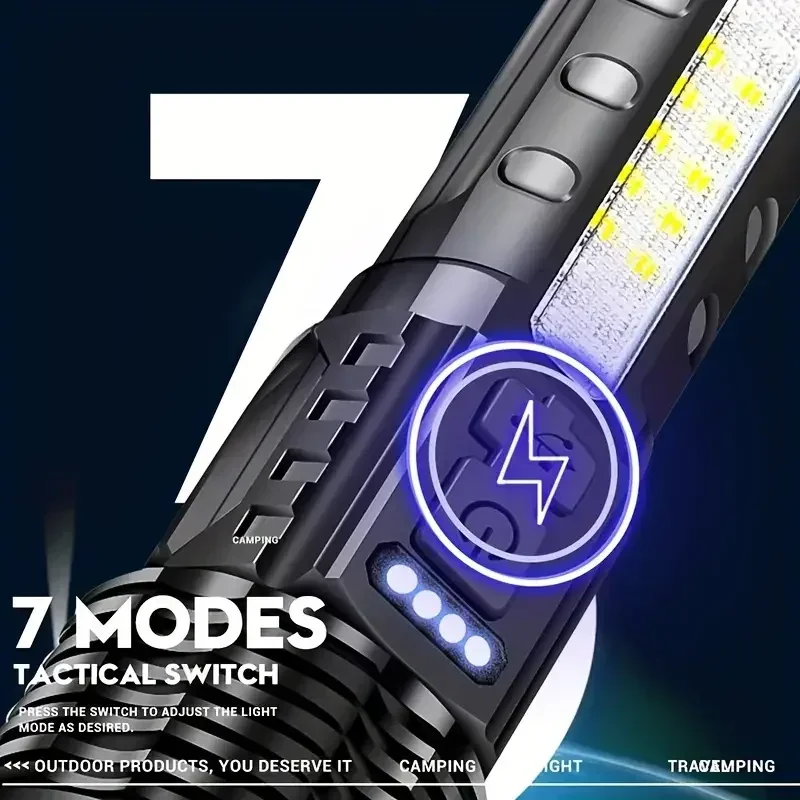 2025 ไฟฉายทรงพลังสุดปฏิเสธไฟฉายพลังงานสูง LED แสงแฟลชสีขาวโคมไฟยุทธวิธีพร้อมสายชาร์จ