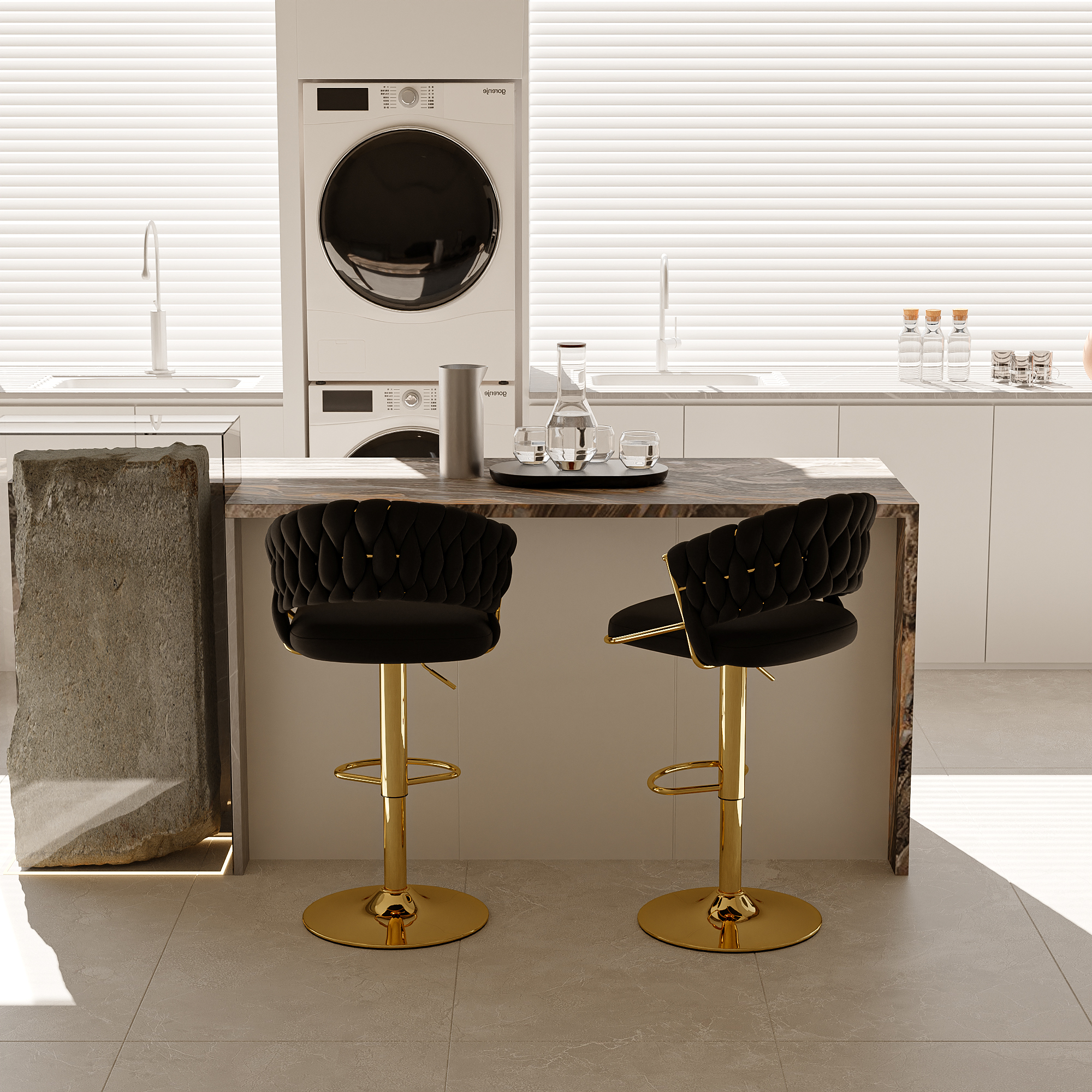 360 ° Set di 2 sgabelli da bar girevoli con schienale, sedia da bar in velluto regolabile in altezza con poggiapiedi per cucina, sala da pranzo, bar