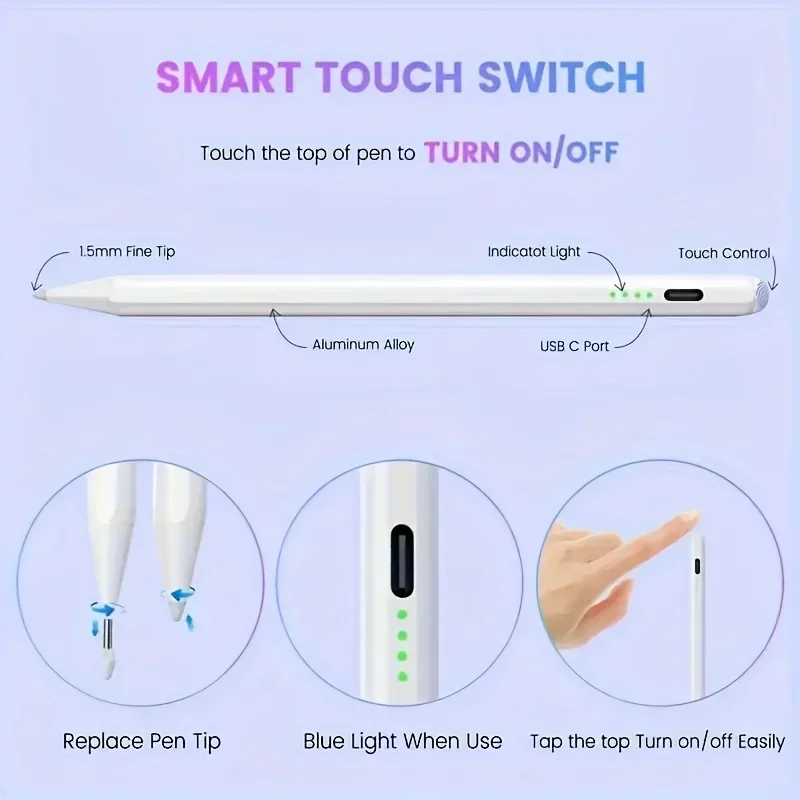 Lápiz óptico para tableta para iOS, Android, iPad, lápiz Universal para pantalla táctil, carga rápida, recargable, sensibilidad de inclinación