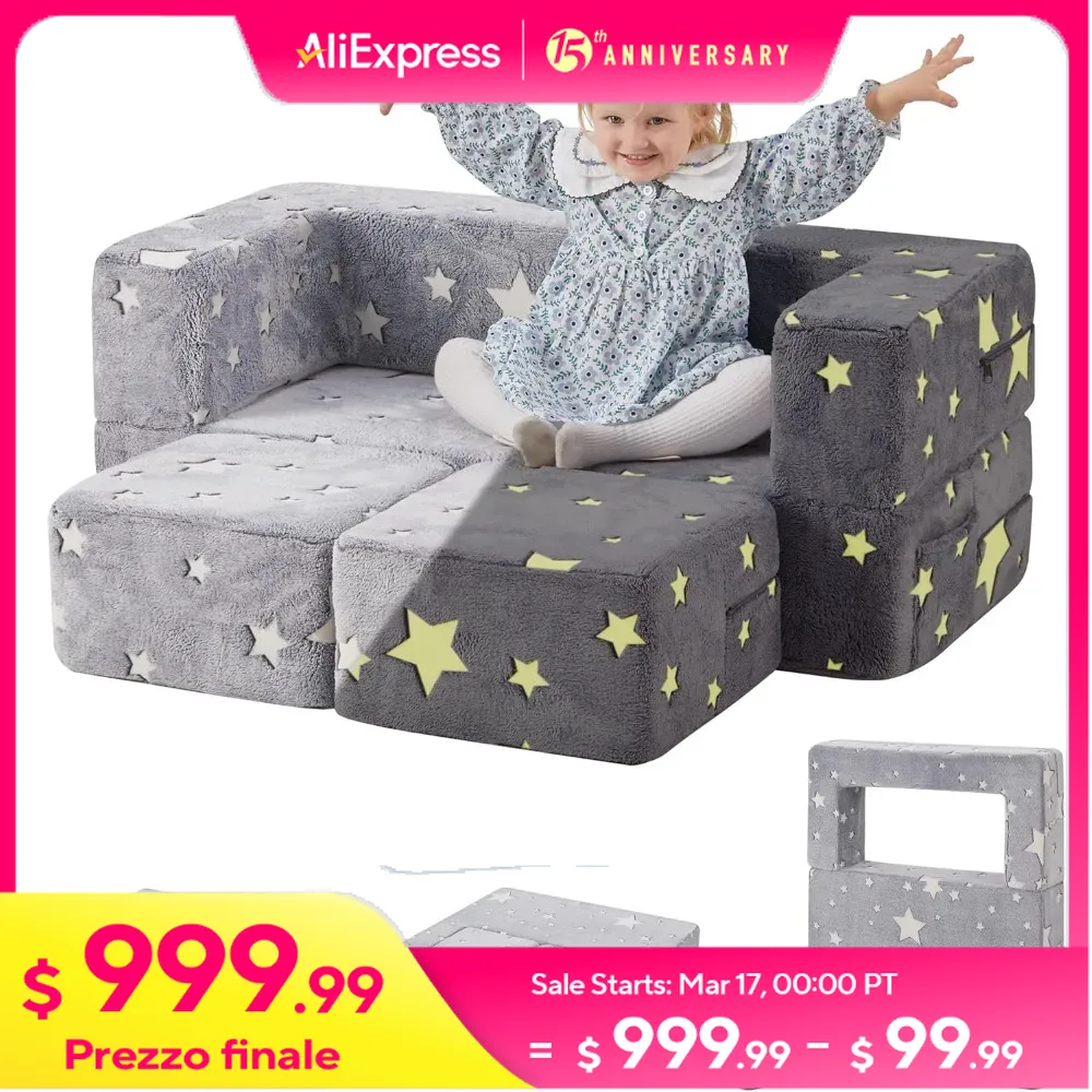 Kids Play Couch, Glow in The Dark Star Patterns Toddler Modular Sofa, Convertible Baby Fold Out Play Foam and Floor Cushion