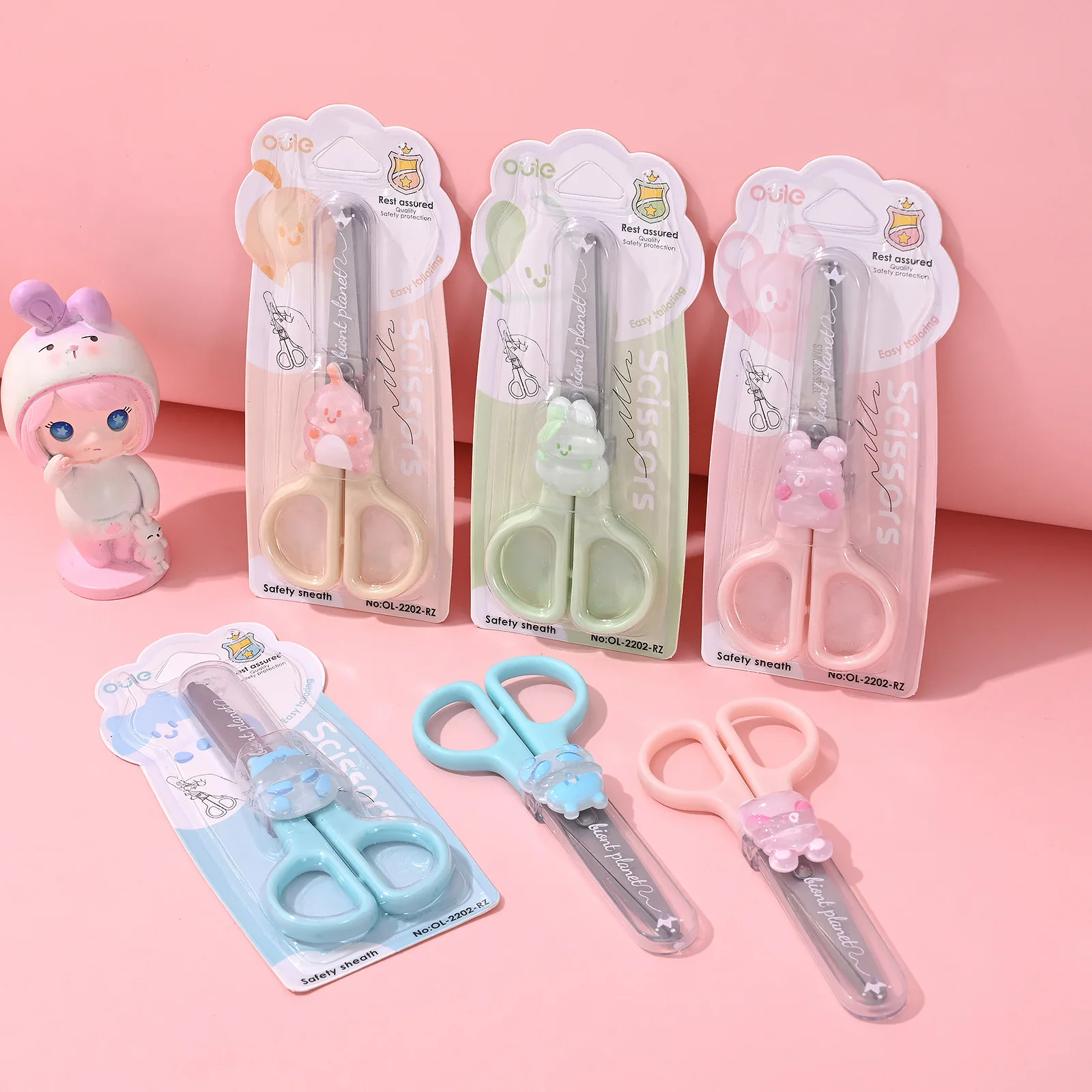 Tijeras hechas a mano de seguridad con cabeza redonda para niños, color macarrón, con cubierta protectora transparente, 1 Uds.