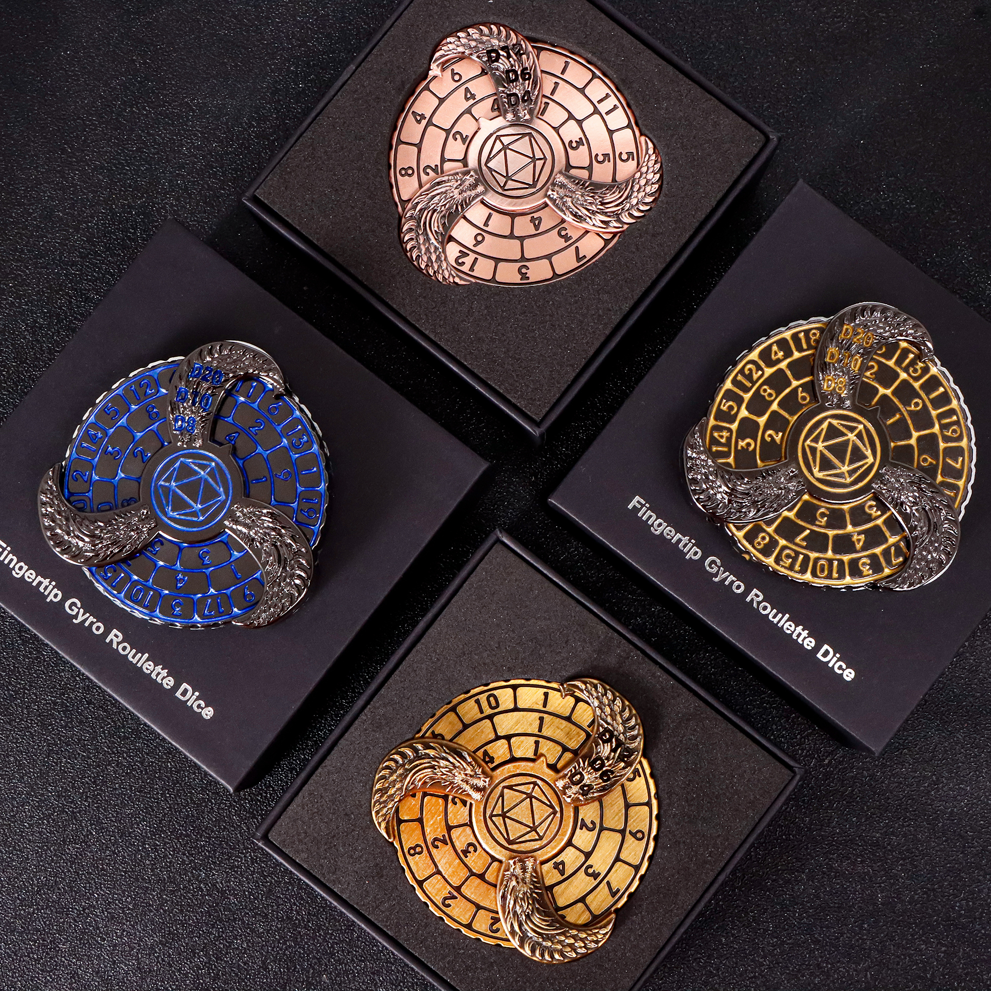 Dados de ruleta giroscópica con punta de dedo de Metal D + D para mazmorras y dragones, dados de Metal giratorios DND, juego de dados de brújula de dragón para regalos