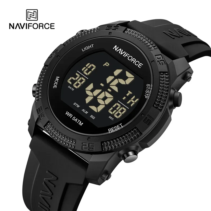 NAVIFORCE NF7104 ผู้ชาย LCD Digital Casual วันที่และสัปดาห์นาฬิกาปลุกสายซิลิโคนกันน้ํานาฬิกาอิเล็กทรอนิกส์