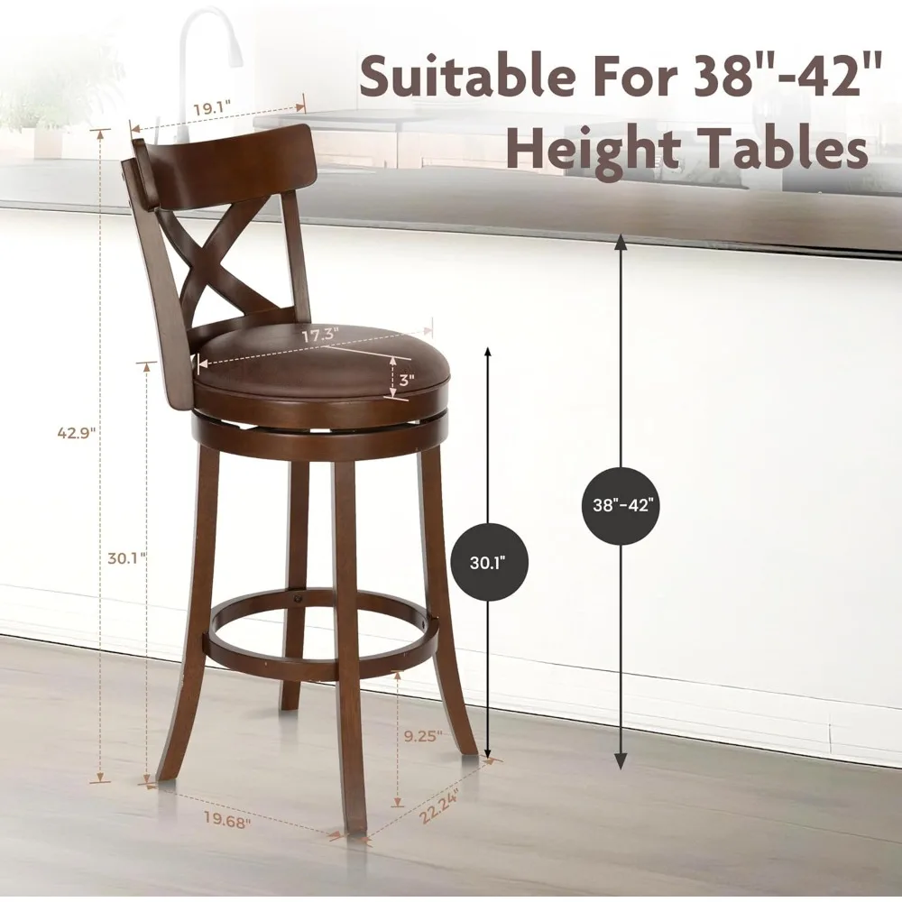 Swivel Bar Stools Set of 4, Kitchen Stools with Backs, 30 Inch Wooden Bar Stools, 360 Degrees Swivel Chair with Upholstered