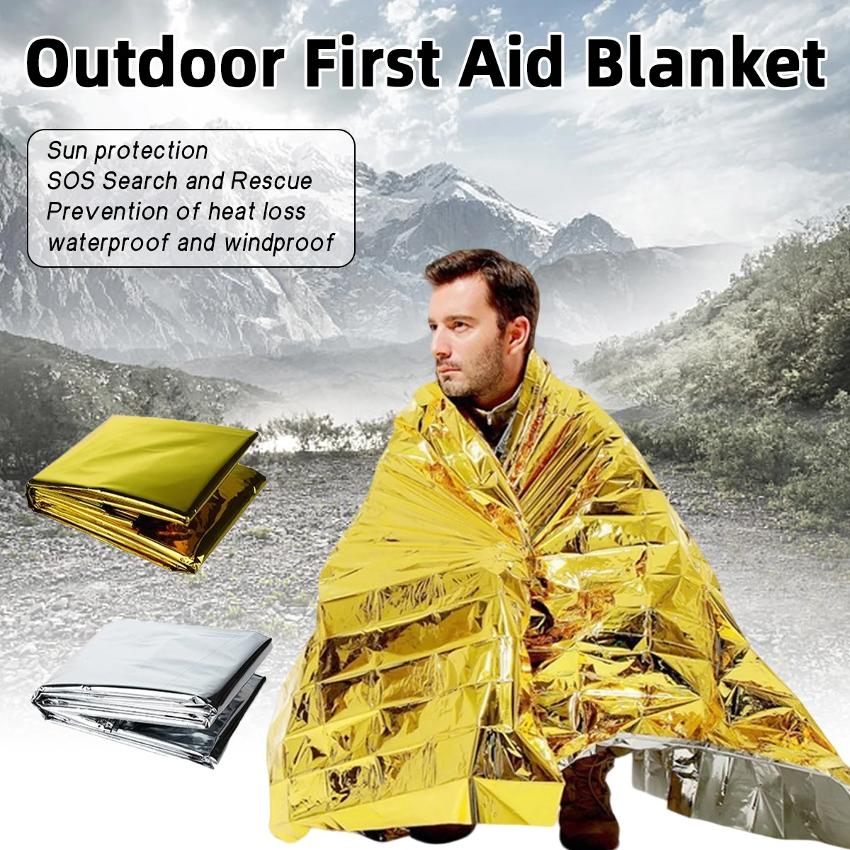 Noodwarme aluminiumfolie ruimteteken, winddicht en bescherming tegen alle weersomstandigheden, essentieel voor overleving, kamperen, wandelen, marathon