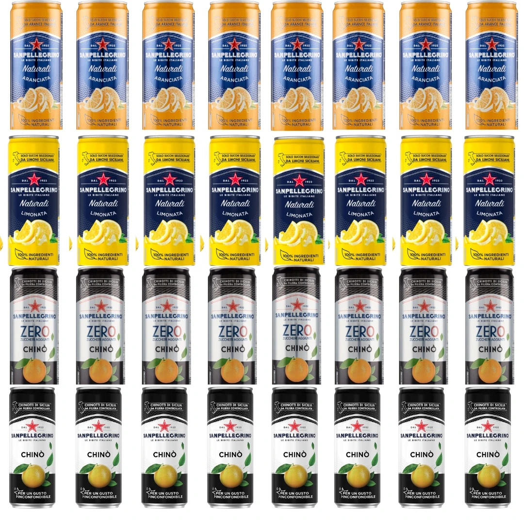 Napoje gazowane Aranciata Naturali, Chinò, limonka, Chinò zero puszka  32x330ml - San pellegrino