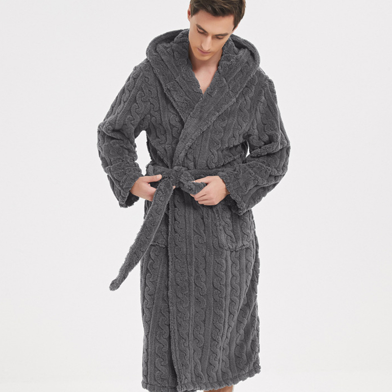 Bata gruesa de franela Jacquard para hombre, ropa de dormir cálida, ropa de salón, albornoz con capucha de lana de Coral de felpa, ropa de dormir para el hogar, Invierno