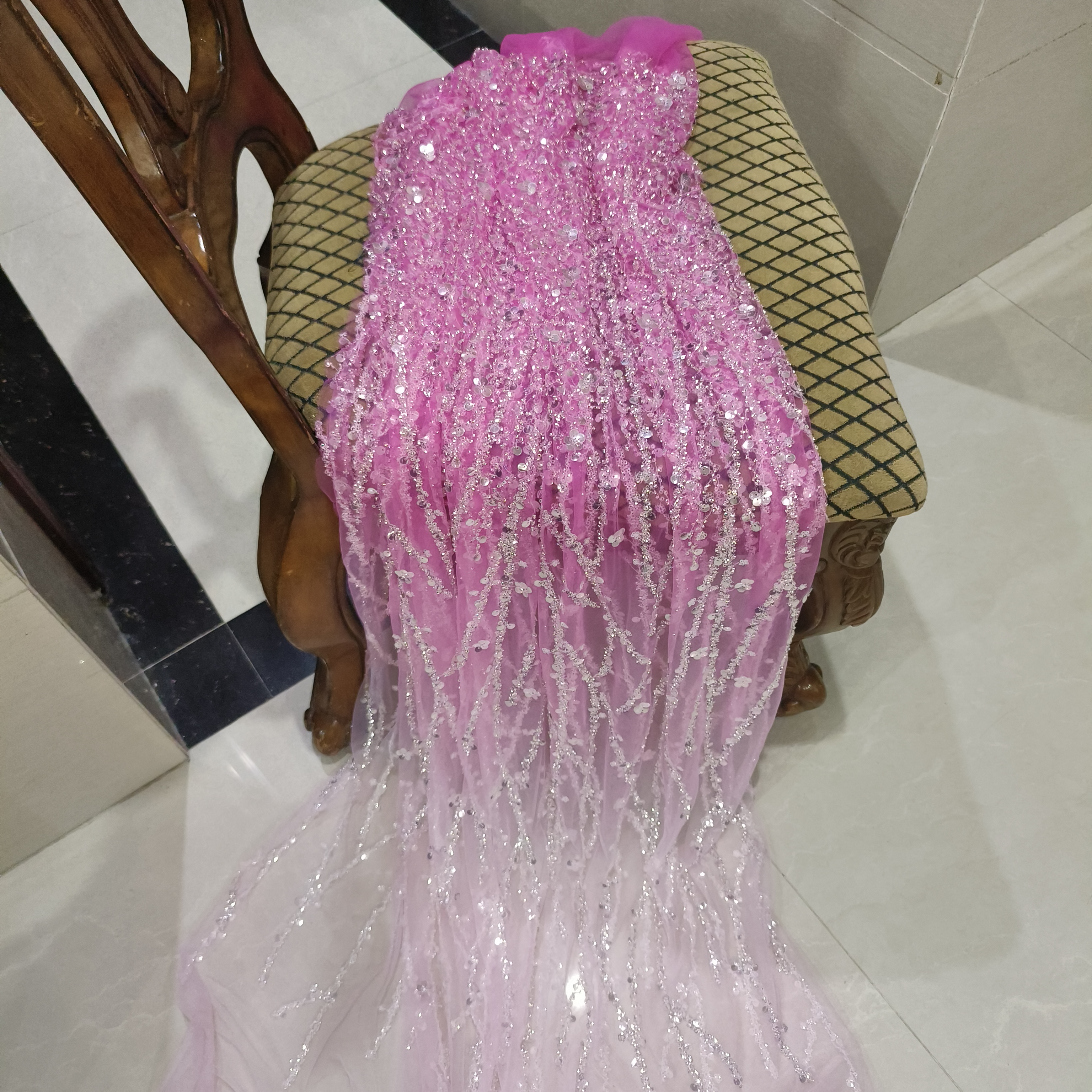 Gradient Color Bead Sequin Fabric for Wedding Dress Drama Costume Hanfu Dance Costume Stage Pink Beading Lace Fabric