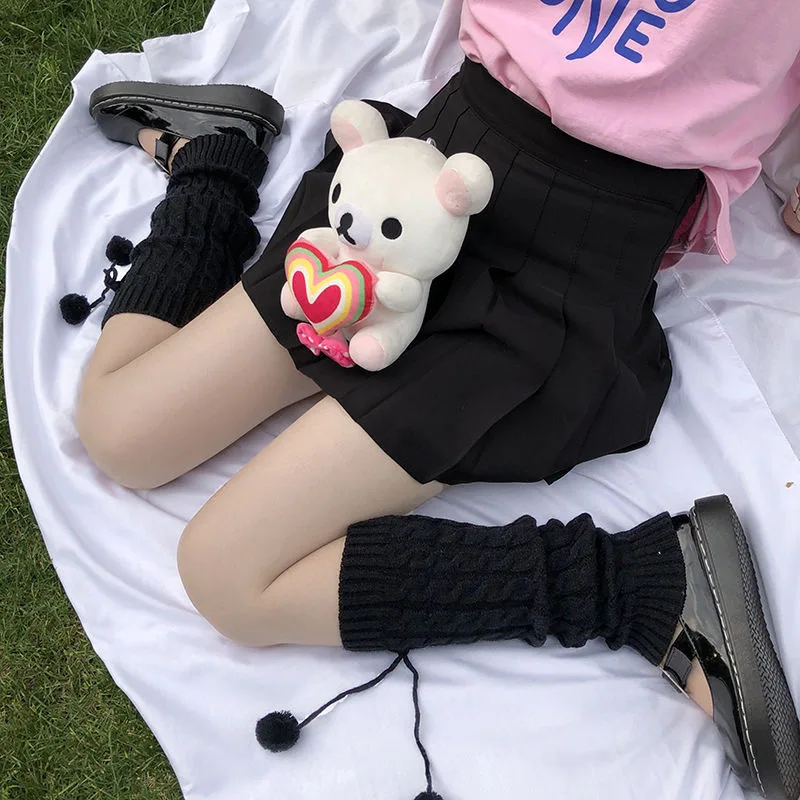 jk accessories de inverno meia para usar com o sapato lolita  Estilo japonês Inverno Meias Quentes Lolita Meias De Malha De Perna Quente Bola De Lã De Malha Tampas De Pé Aquecedores De Perna Com Bolas Para As Mulheres
