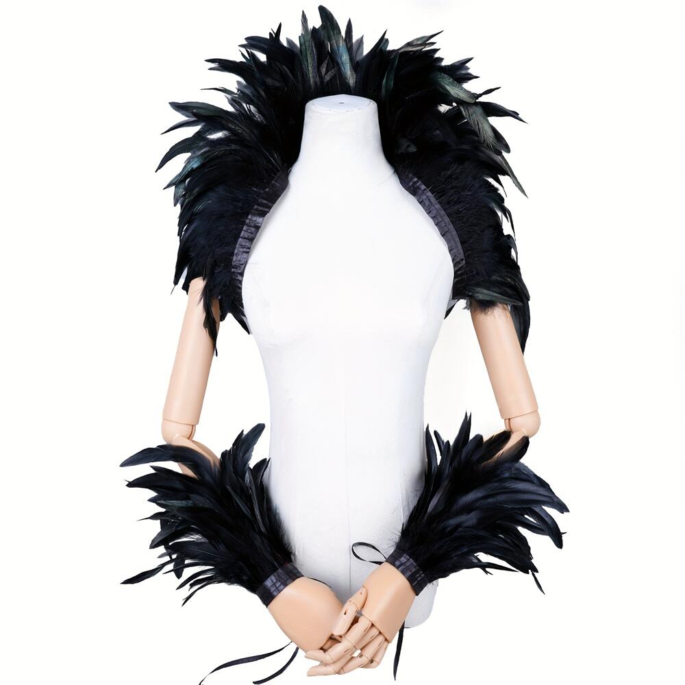 フェザーショールと手首カフス1組 女性用 魔女 ハロウィン マルディグラ フェザーケープ コスチューム パーティー コスプレ ゴシック