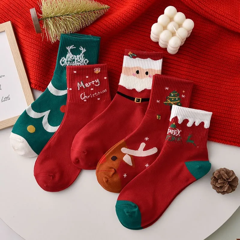 女性用の厚手のカシミヤソックス,5ペア,ランダム,ミドルチューブ,クリスマスギフト,秋冬,卸売