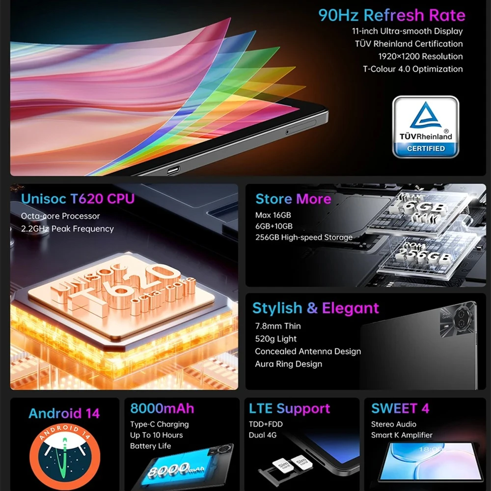 【 New 】 teclast t50 plus android 14 tablet 11 "2k 90hz hoch auffrischen 6gb 256gb unisoc t620 8000mah akku 8mp 13mp kamera 4g tab