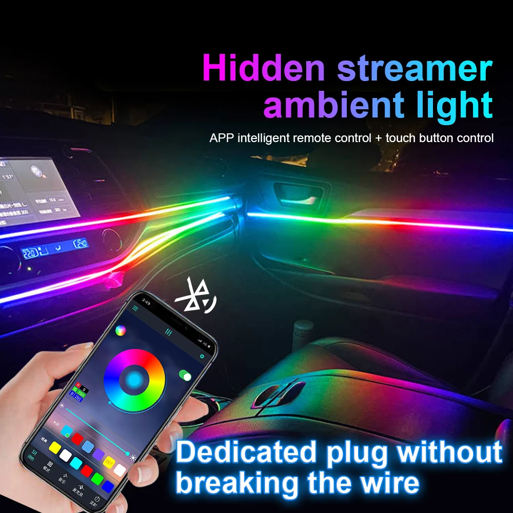 18 en 1 64 colores RGB sinfónico luz ambiental del coche guía acrílica Interior tira de luz LED decoración lámpara de ambiente por Control de aplicación