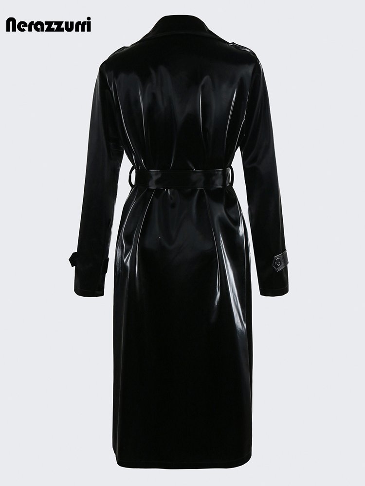 Nerazzurri ฤดูใบไม้ร่วงยาว Cool สีดําเงา Glitter สิทธิบัตรหนัง Faux Trench Coat สําหรับผู้หญิง Sashes Double Breasted ยุโรปแฟชั่น