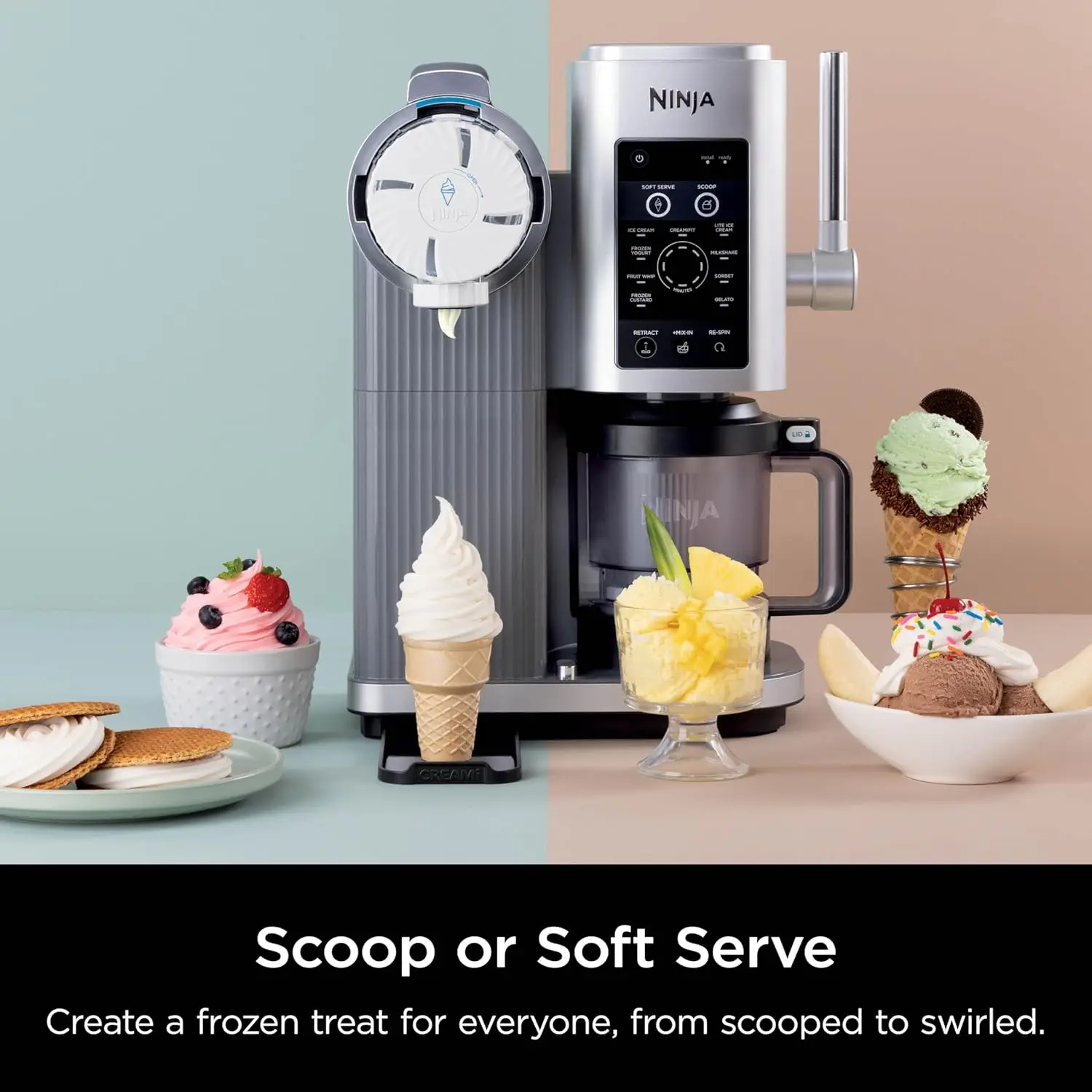 CREAMi Ice Cream and Soft Serve Maker, Sorbet, Milkshake, Frozen Yogurt, Low Calories Program & More, 13-in-1, Soft Serve Handle