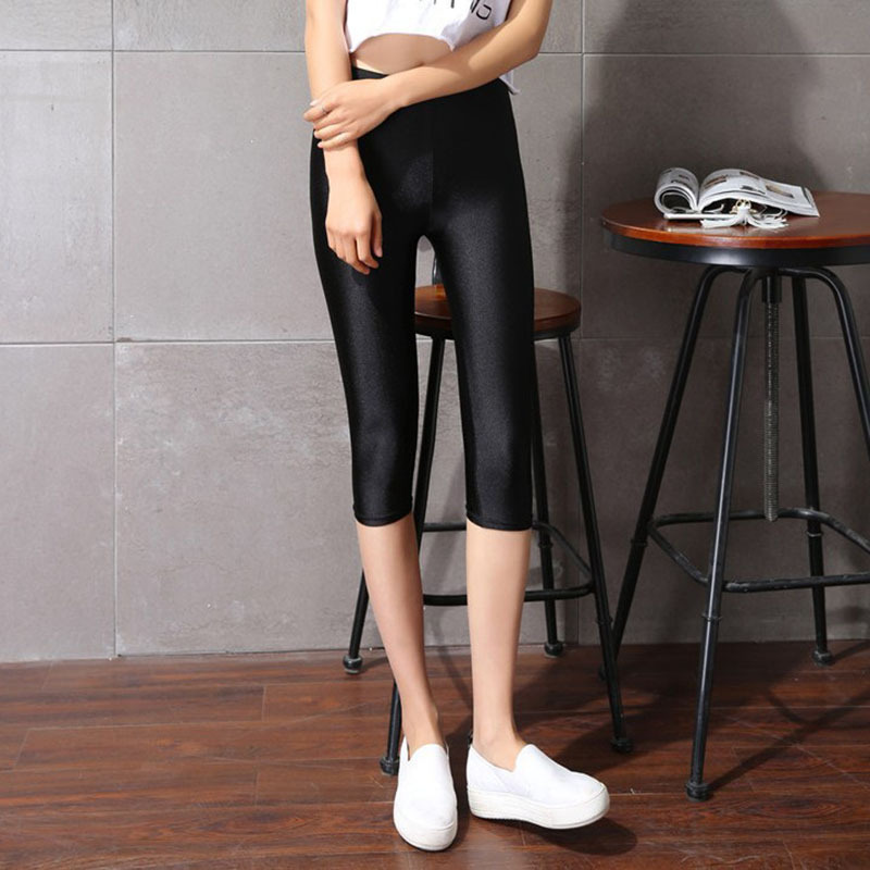 Mulheres verão na altura do joelho capris senhora magro cabido magro rendas curto legging tamanho grande mujer calças brilhantes