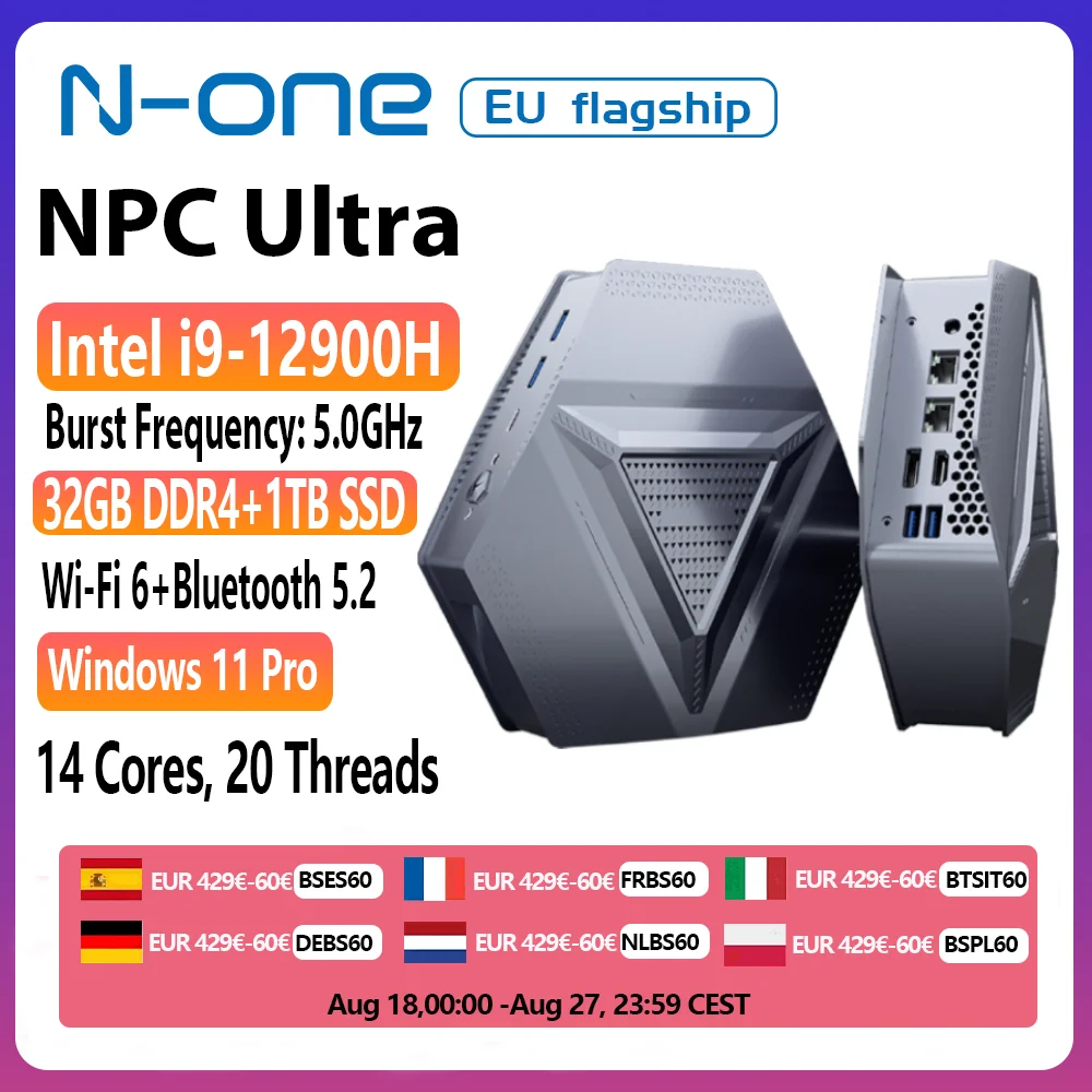 N-one Intel i9 12900H Mini PC Ultra 14 rdzeni, 20 wątków Windows 11 Pro 32 GB DDR4 1 TB SSD Dwuzakresowe WiFi 6/BT5.2 dla domu, biura
