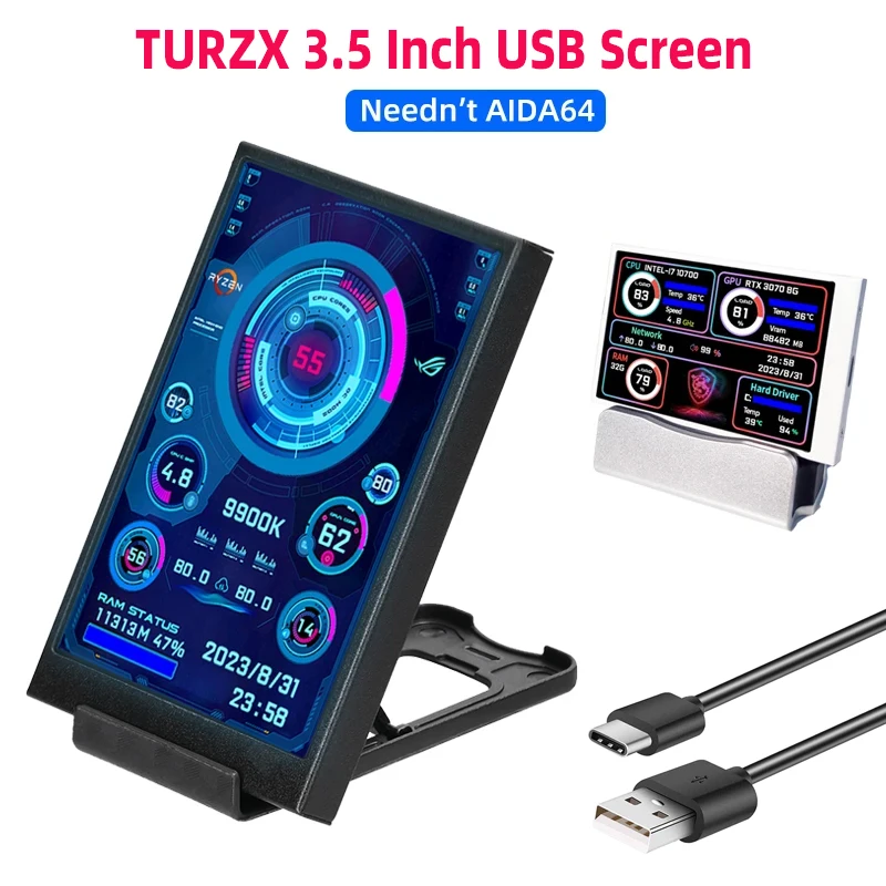 TURZX 3,5/5-дюймовый IPS USB дополнительный экран для компьютера, процессора, графического процессора, оперативной памяти, монитора HDD, дисплей типа C, без AIDA64 ЖК-дисплея для Windows 10 11