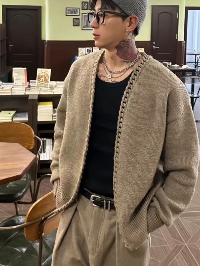Suéter de Malha Retro Americano para Homens, Cor Caqui Casual, Cardigan Aberto de Outono Inverno, Ajuste Solto, Manga Longa, ...