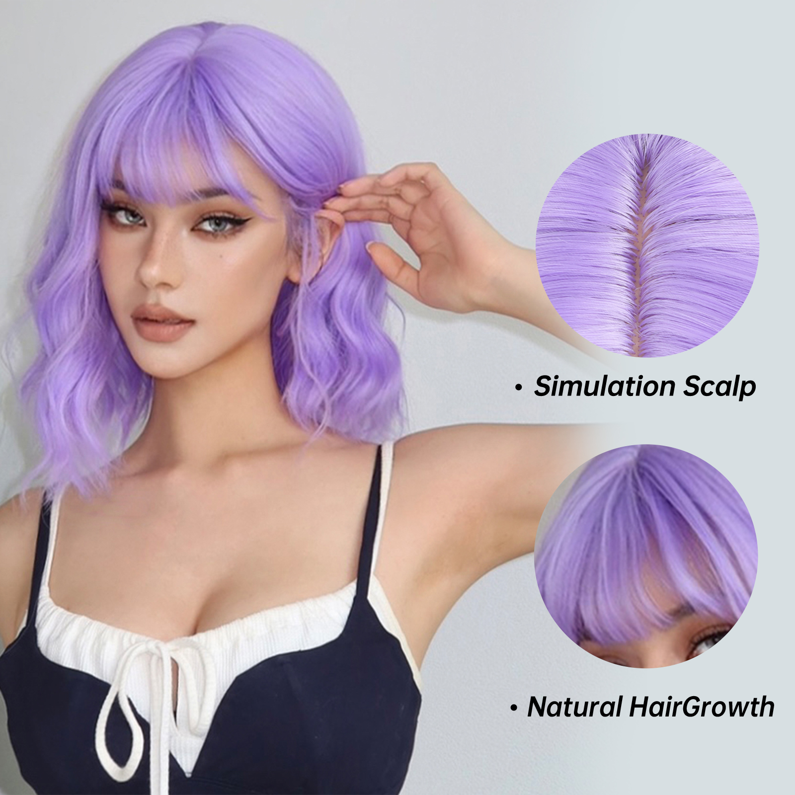 Schulterlange hellviolette synthetische lockige Perücke mit Pony für Frauen, kurze gewellte Cosplay-Party-Perücken aus Naturhaar, hitzebeständig