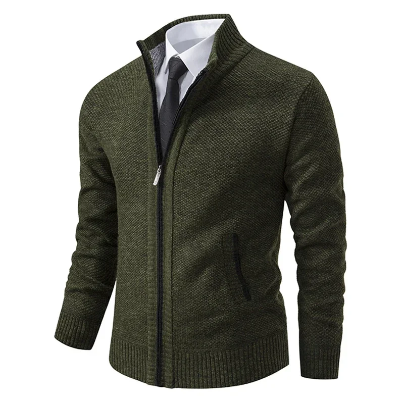 Autumn Winter Men's Casual Sweaters Solid Color Turtleneck Sweater Cardigan Fleece Zipper Cardigan Knit Jackets