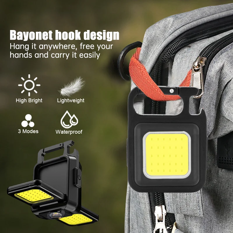 Mini Flashlight Keychain Light COB Work Light USB Rechargeable Lamp With 90° Foldable Double Side Lights Super Bright Flashlight