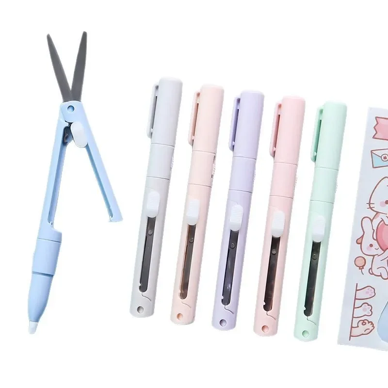 1pc Mini Portable Scissors Paper Cutter Knife 2 In 1 Multifunctional Pocket Pen Shape Scrapbooking Carving Cutting Art Tools