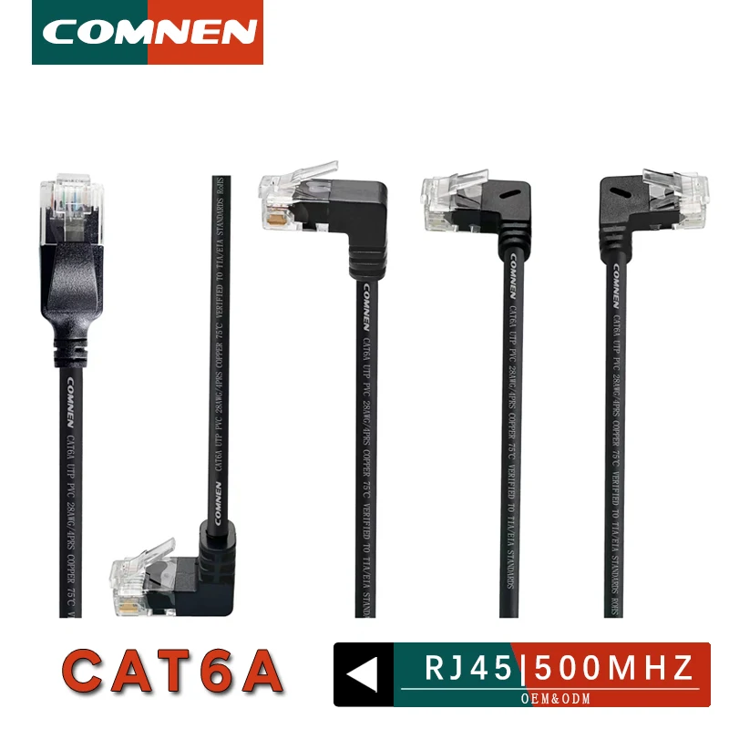COMNEN Cat6a RJ45 Cable Ethernet de ángulo de 90 grados Cable de conexión delgado Cable Lan FTP UTP RJ 45 para panel de enrutador a interruptor flexible
