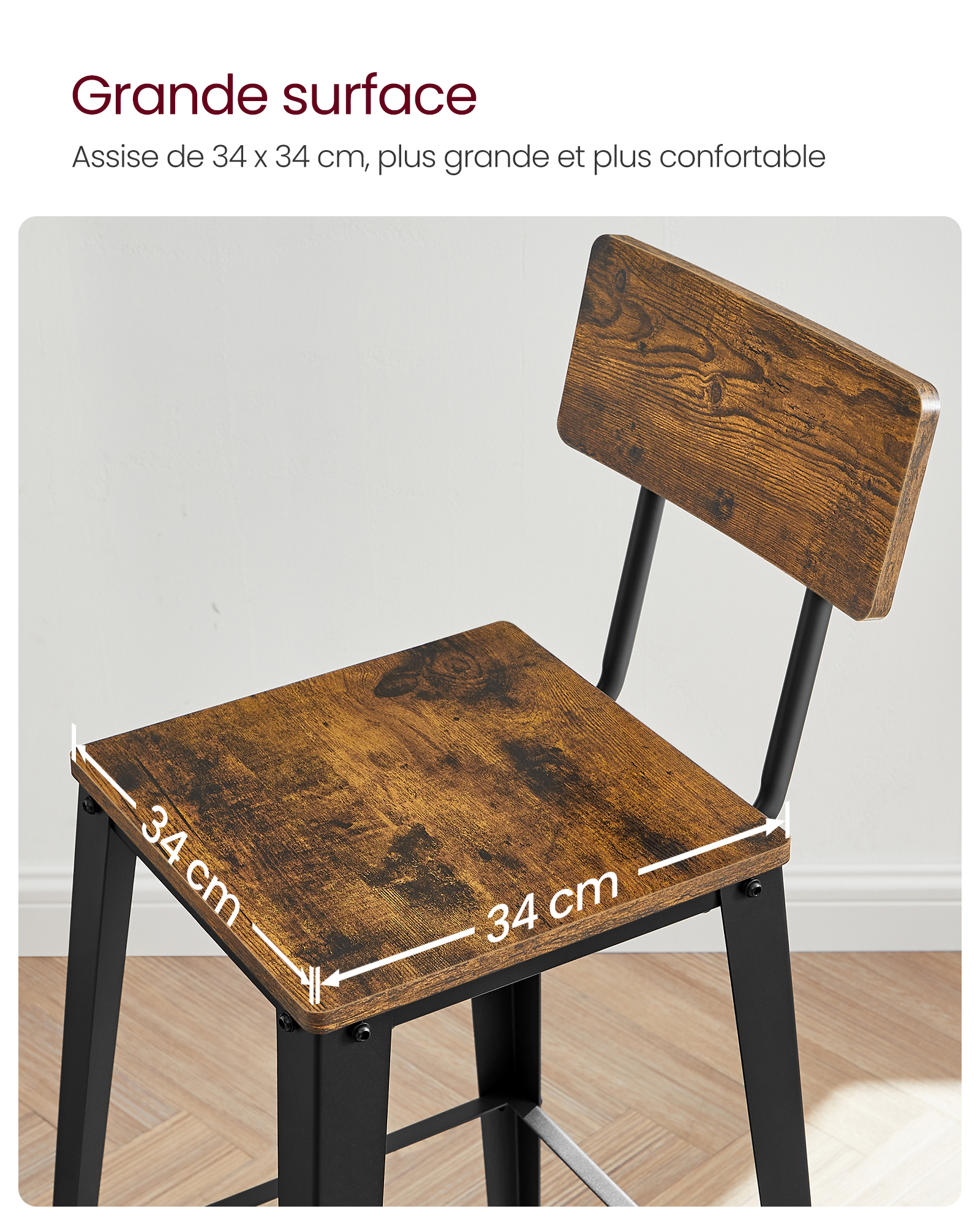 VASAGLE Tabouret Bar Industriel, Lot de 2, Chaise Bar Cuisine, avec Dossier, Cadre en Acier, Montage Facile, Style Industriel, Marron Rustique et Noir d'encre