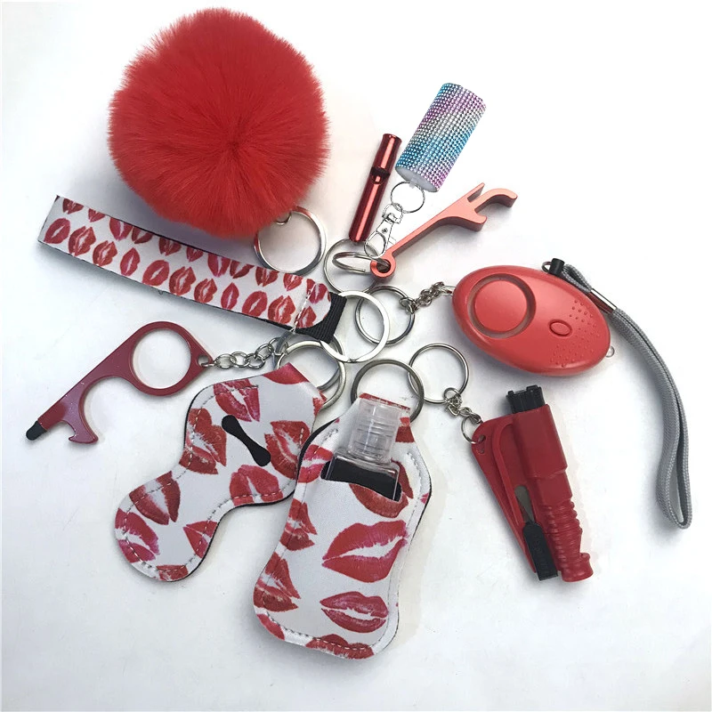 11pcs Spary Women Defense Protection Keychain Multi Use Keyring Alarm Self Rescue in Danger Defense Set