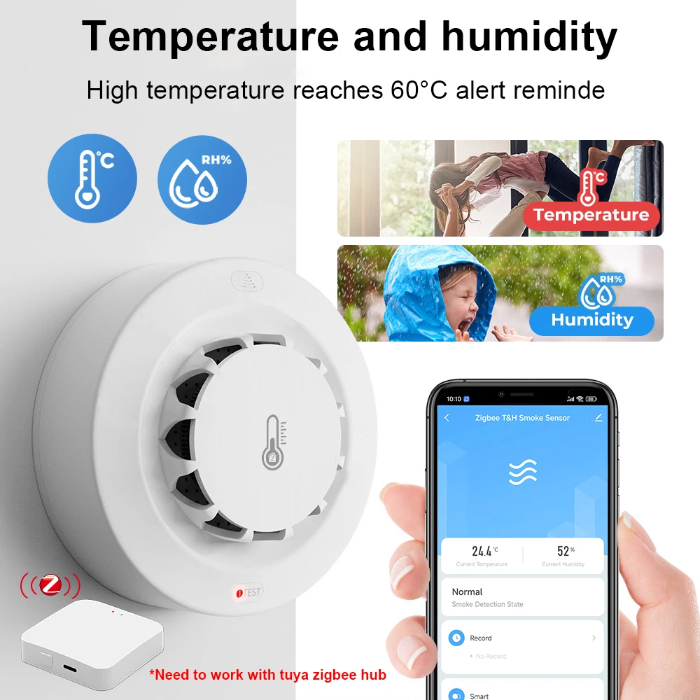Tuya Zigbee BT Zwei Verbindung Rauchmelder Temperatur Feuchtigkeit Messgerät 80dB Sound Alarm Remote Push Alert Funktion