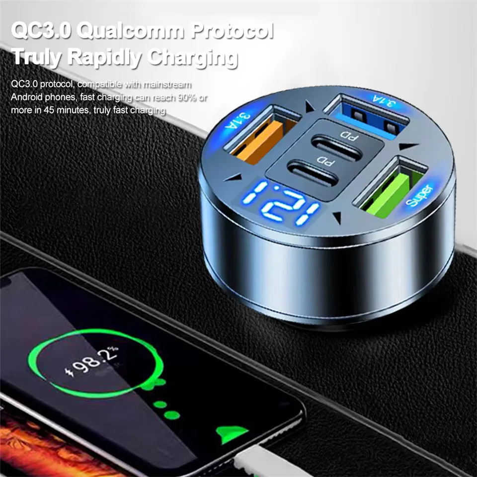 차량용 충전기 250W 5포트 고속 충전 PD QC3.0 USB C 차량용 휴대폰 충전 어댑터 아이폰 삼성 화웨이 샤오미용 전압 표시 기능 포함