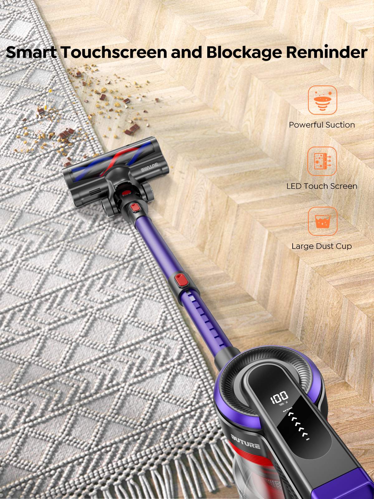 Aspirador sem fio Buture JR400 com tela sensível ao toque, eletrodoméstico inteligente portátil, tapetes e cabelos, 38000Pa, 450W, 55 Mins