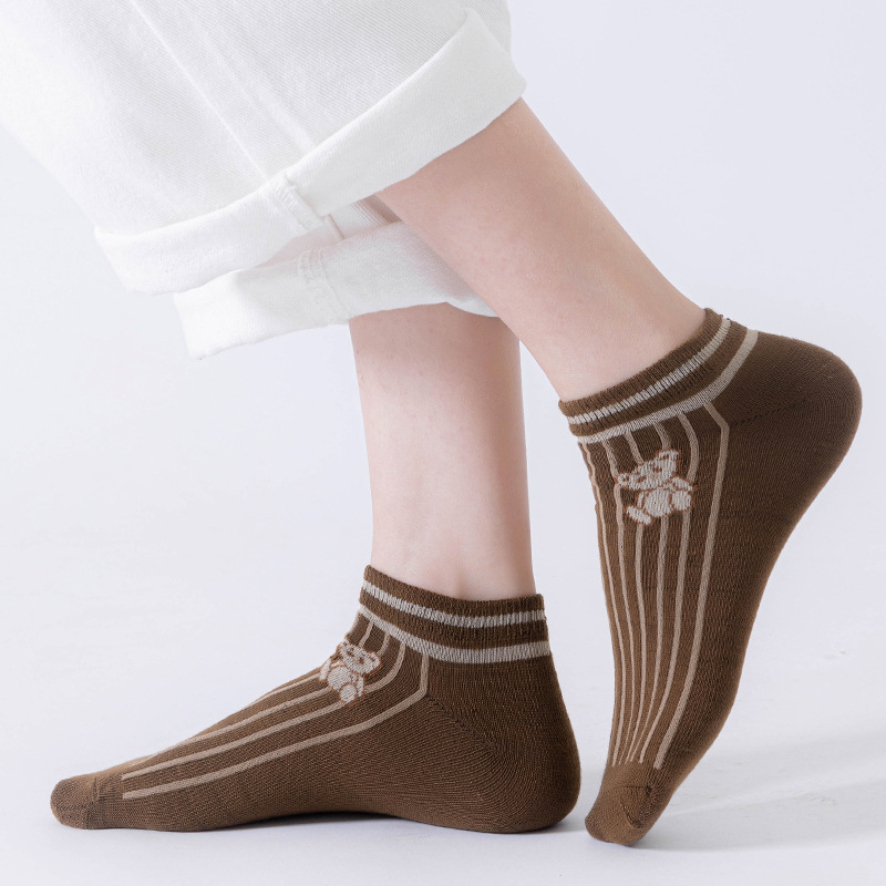 Conjunto de calcetines de tubo bajo para mujer, medias cómodas con patrón de oso, transpirables, estilo informal, 5 pares