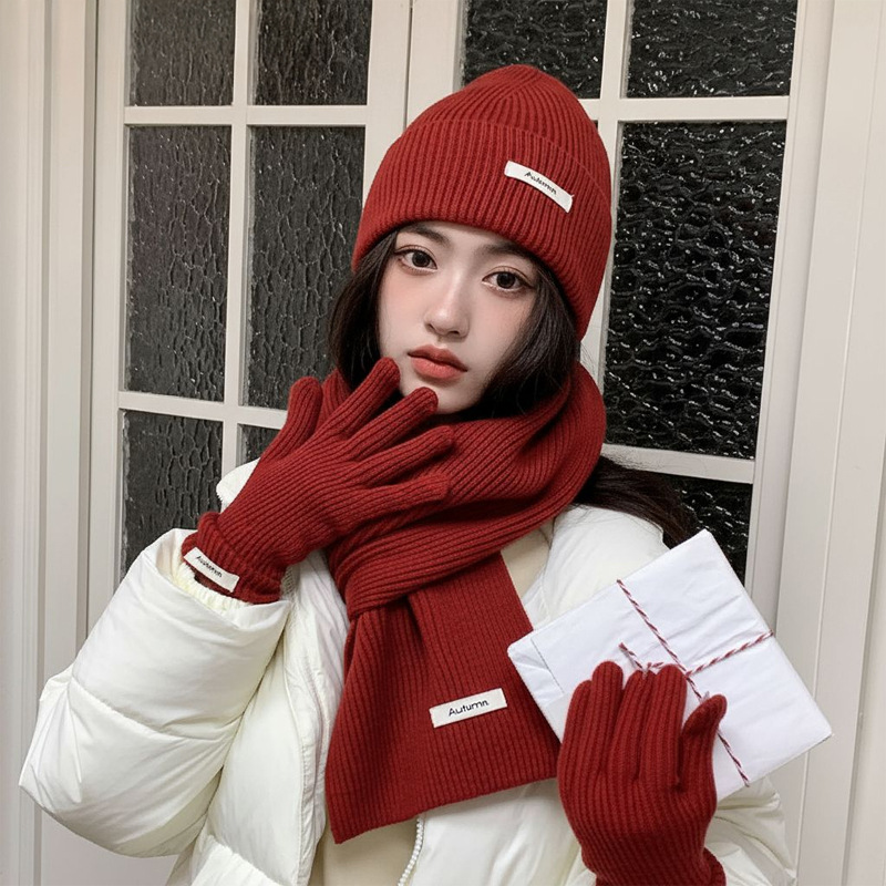 Solid Color Yarn Hat Scarf Gloves Three Piece Set Autumn And Winter Imitation Cashmere Warm New Year's Christmas Set Pretend