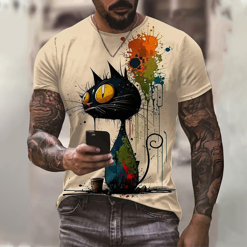Zomer heren T-shirt Kat Print Casual Korte Mouw 3d T-shirts Mode Streetwear Ronde Hals Trui Oversized Mannelijke Kleding