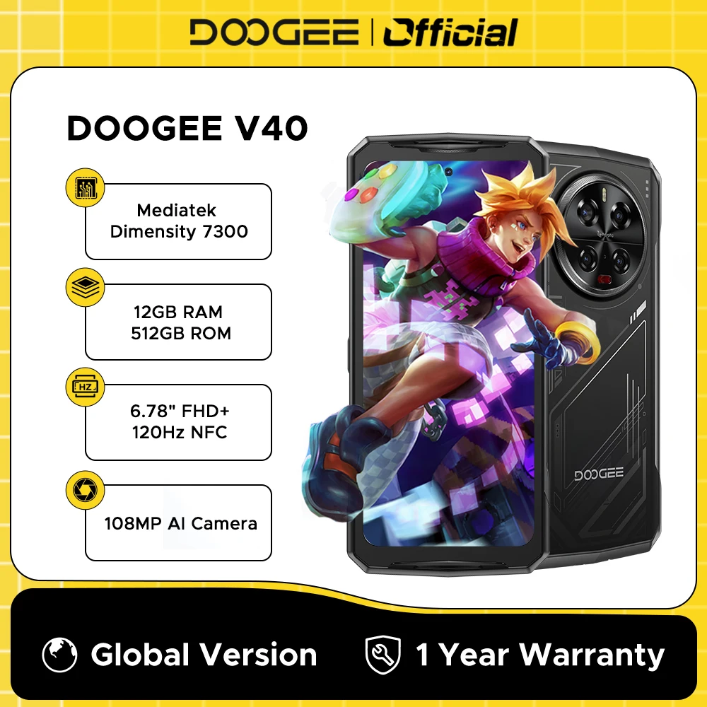 【Marca +】doogee v40 5g telefone robusto 12gb ram 512gb rom gaming smartphone dimensão 7300 6.78 120hz display 108mp para câmera nfc