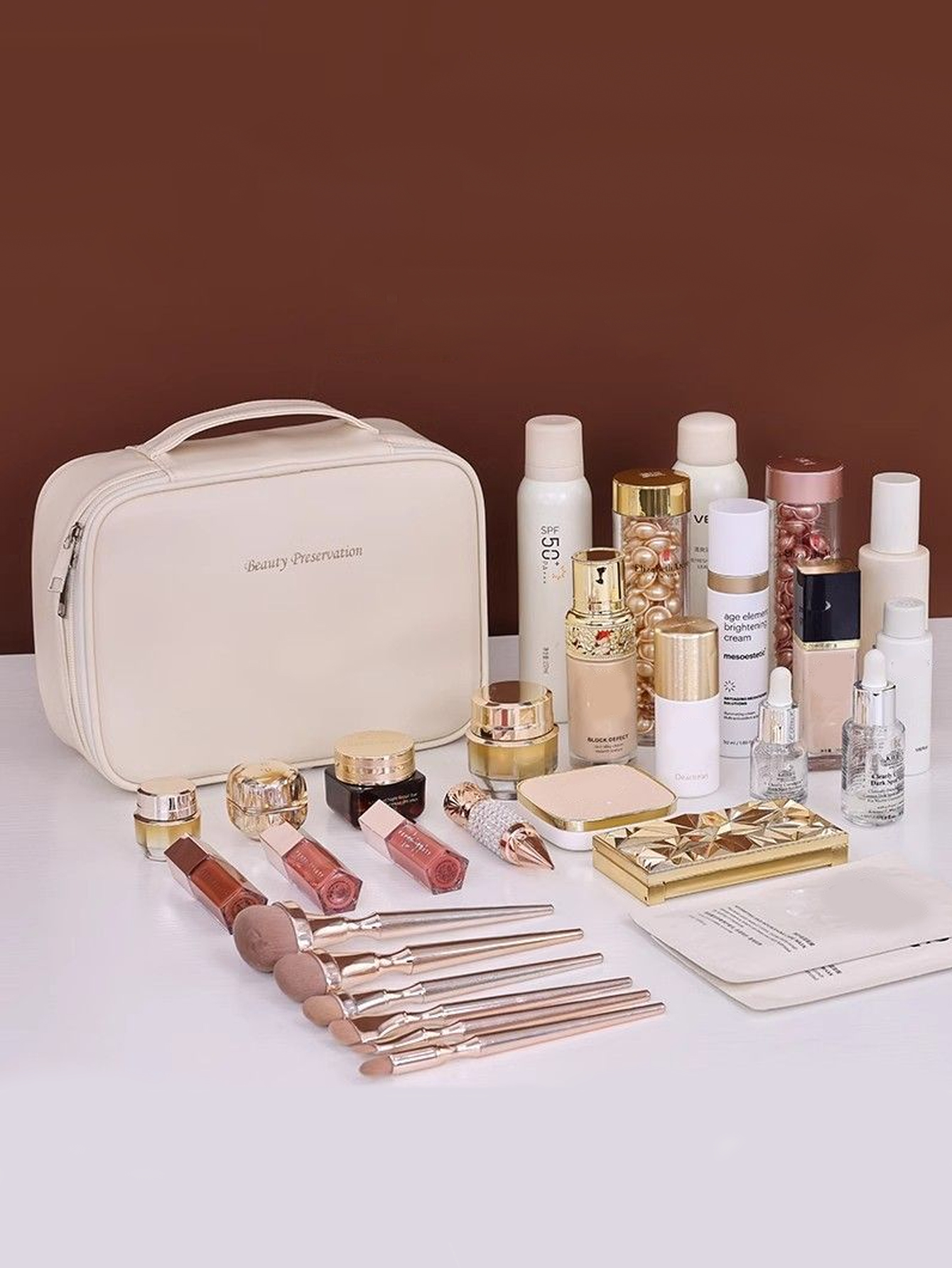 New PU leather makeup bag with large capacity, portable, and high-end outdoor feel, layered and multi-layer waterproof makeup ca