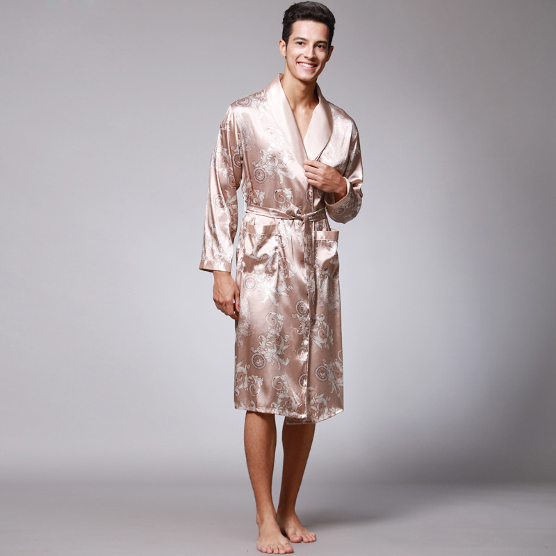 Bata de baño tipo kimono para hombre, bata de baño larga de satén de seda con dragón dorado, bata hasta la rodilla, ropa de dormir negra, verano y otoño