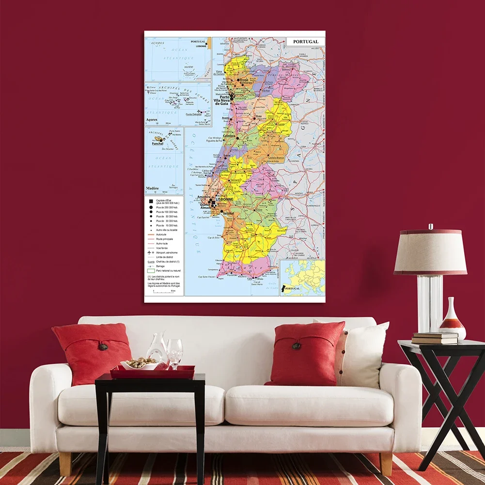 Mapa de transporte Retro de Portugal, 150x225cm en lienzo de vinilo francés, pintura, póster de pared, suministros escolares, decoración del hogar