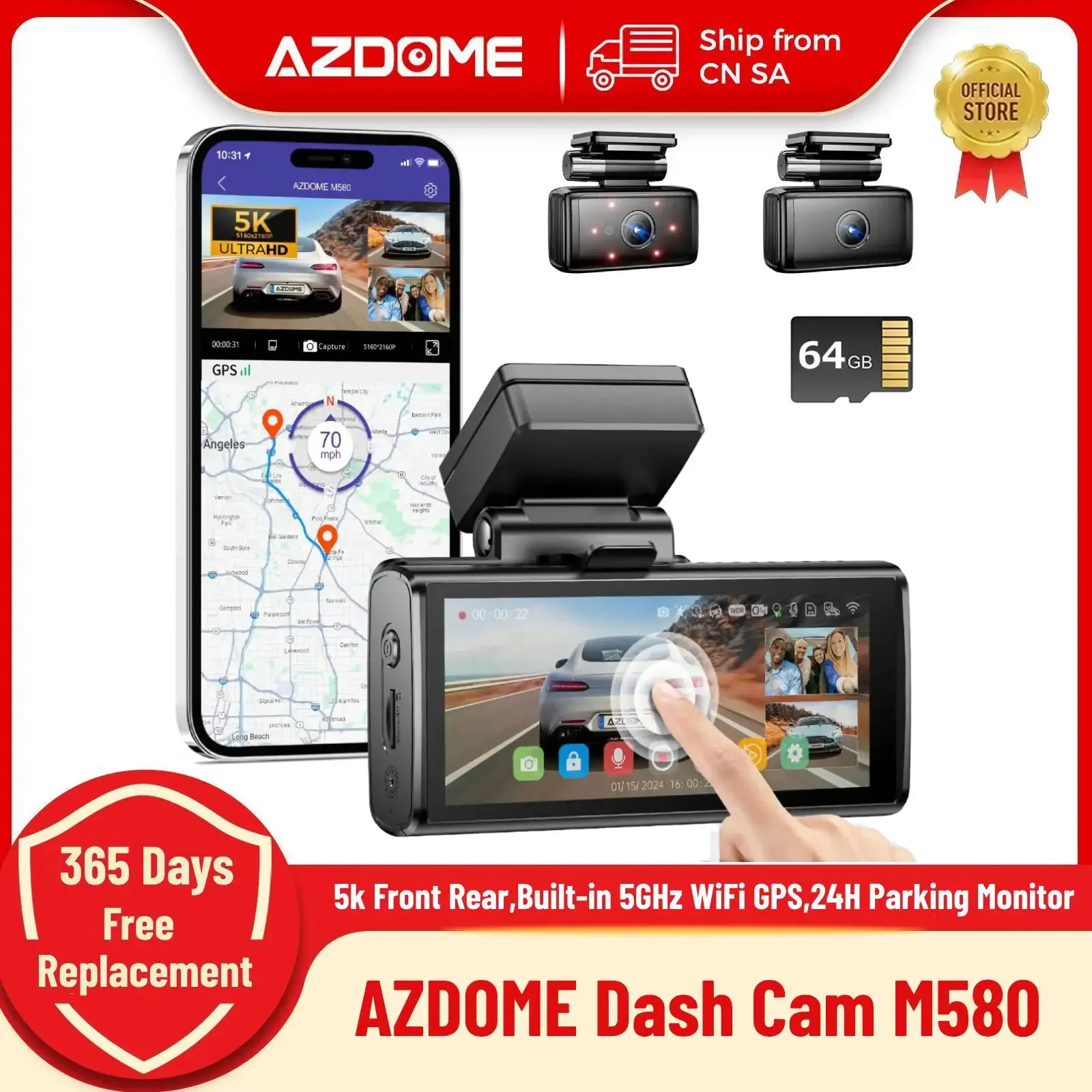 AZDOME M580 Dash Cam 5k cámara delantera trasera para coche incorporado 5GHz WiFi GPS 4 "pantalla táctil 24H Monitor de estacionamiento visión nocturna caja negra