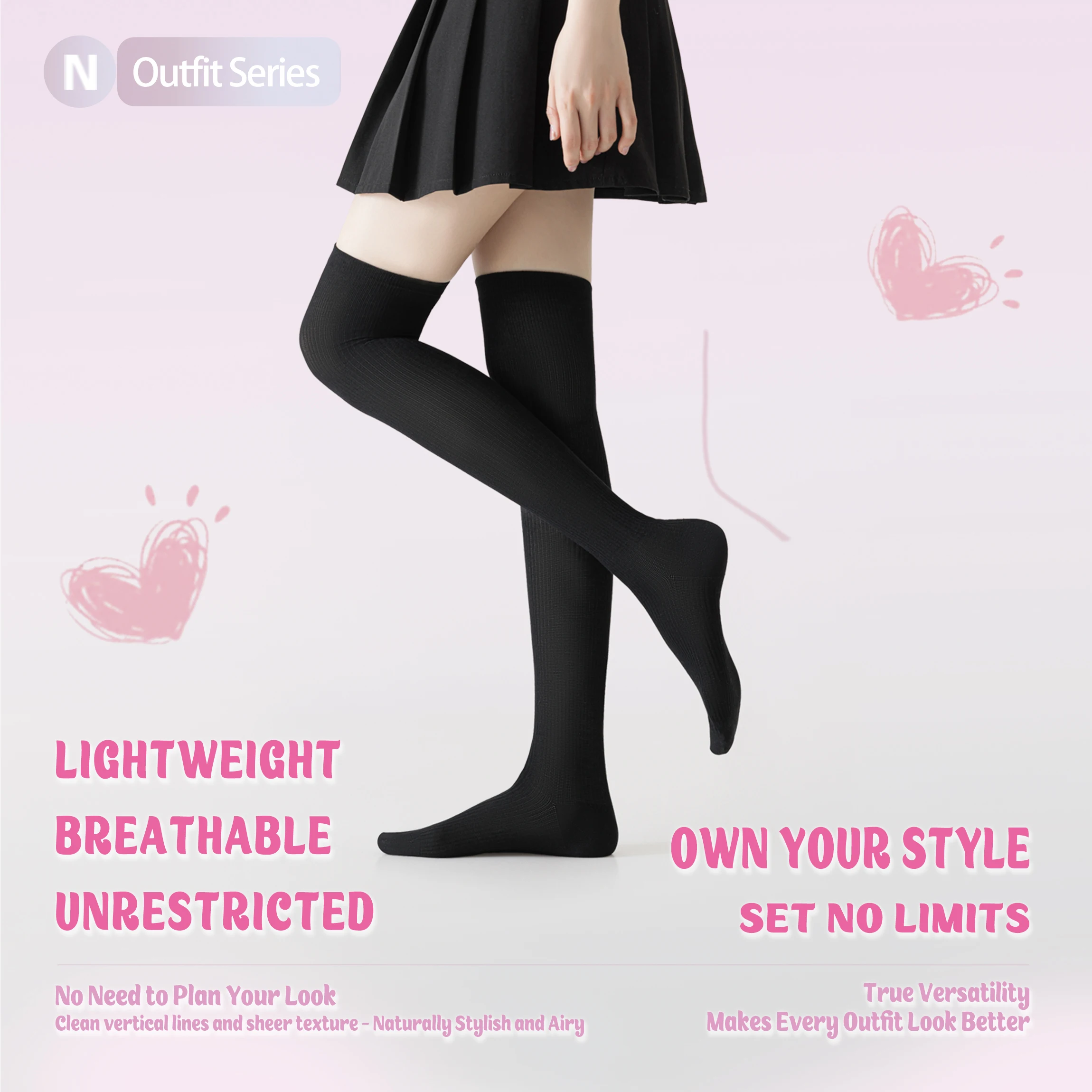2 Pairs Women's Graduated Compression Thigh-High Socks, Comfort Ribbed Cuff and Stay-Up Fit for All-Day Support